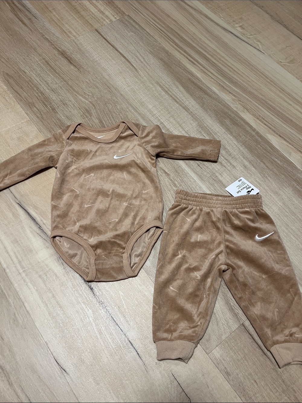 Nike Tan/Light Brown Velour Baby One-Piece and Pants Set 6M